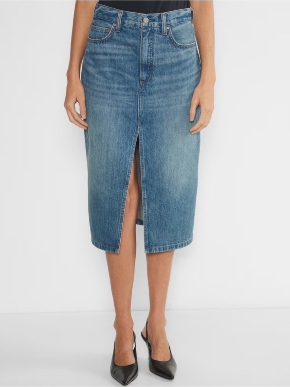 Aritzia Denim Forms 90’s Midi Pencil Jeans Skirt with Front Slit - Blue Like New
